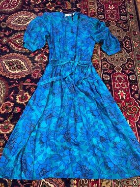 Vintage AP LTD 100% Silk Blue Floral Midi Dress - 80s Puff Sleeve